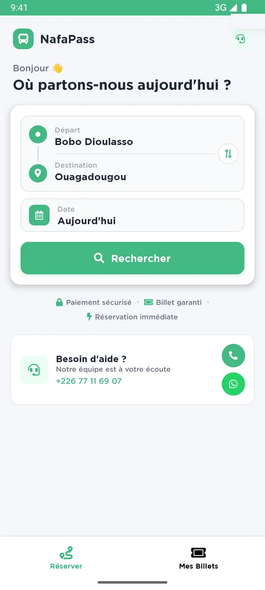 Application NafaPass : recherche d'un voyage