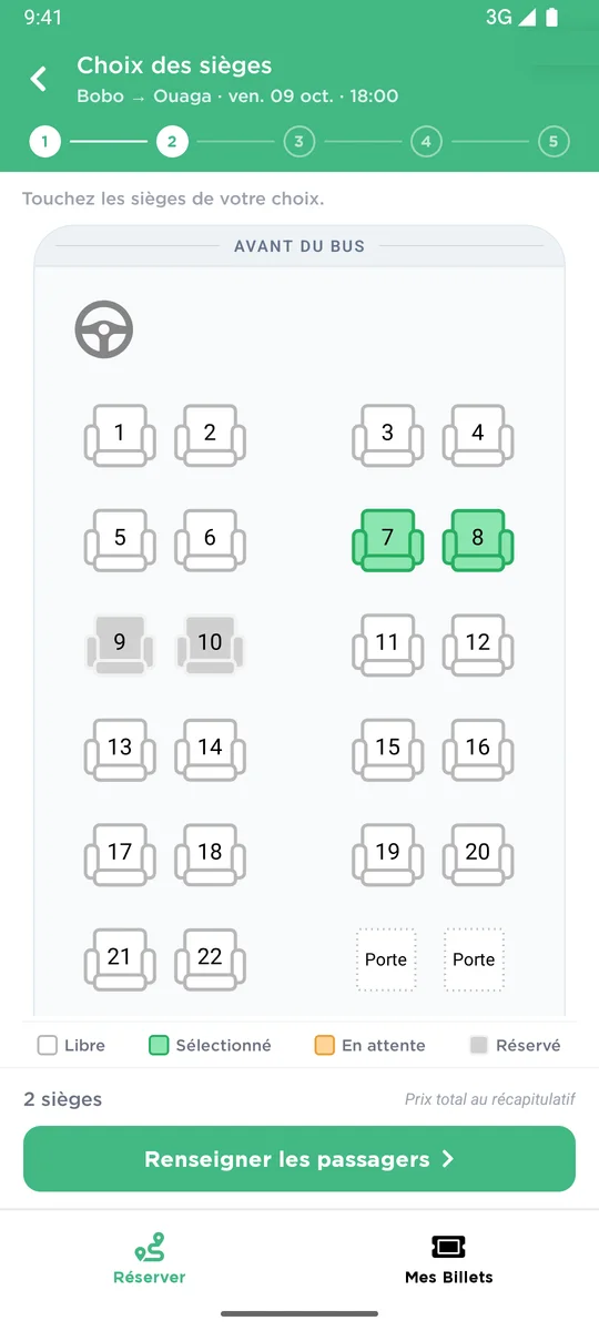 Application : choix du siège sur le plan du bus